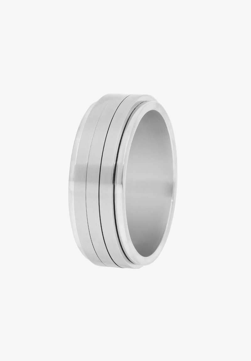 Zilveren roestvrijstalen ring met een gladde, gepolijste oppervlakte. Heeft twee horizontale groeven voor detail. Ronde vorm, matte afwerking aan de binnenzijde.