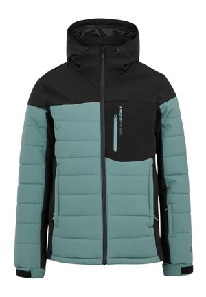 Padded bunda v modrozelené a černé barvě, s kapsou na zip na hrudi, nastavitelnou kapucí a kontrastním designem panelů. Texturovaná tkanina s izolací.