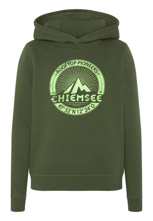 Oliwkowa bluza z kapturem wykonana z miękkiego materiału, z grafiką z przodu przedstawiającą góry oraz tekst, ściągacze przy mankietach oraz kaptur ze sznurkiem.