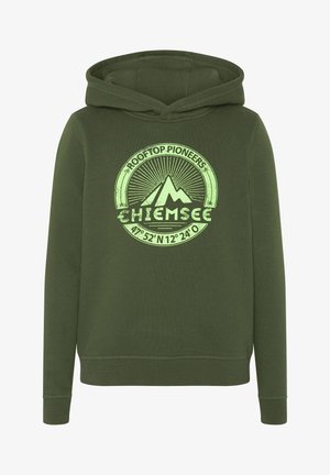 Oliwkowa bluza z kapturem wykonana z miękkiego materiału, z grafiką z przodu przedstawiającą góry oraz tekst, ściągacze przy mankietach oraz kaptur ze sznurkiem.