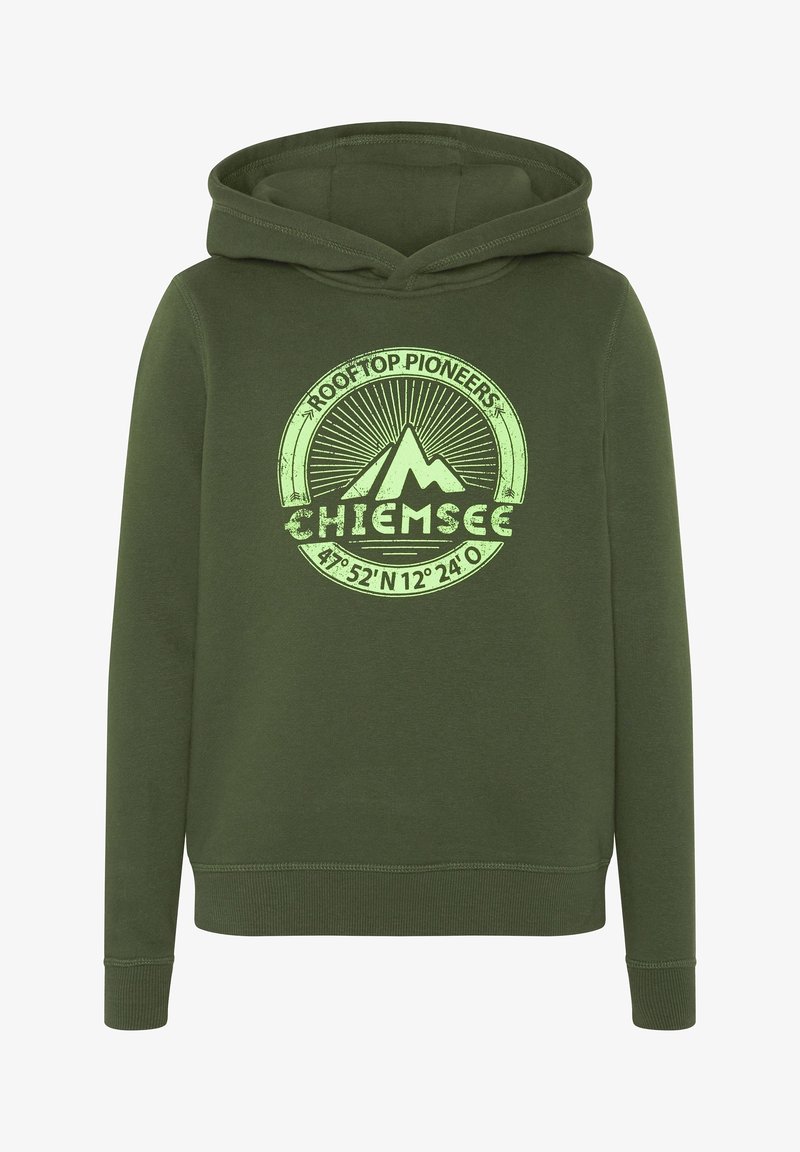 Sweat à capuche vert olive en tissu doux, avec un imprimé graphique en façade représentant des montagnes et du texte, des poignets côtelés et un cordon de serrage à la capuche.