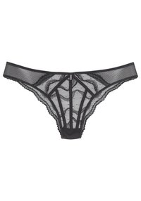 Black lace thong featuring a sheer mesh design, intricate lace trim, and a decorative accent at the center. Textured panels throughout.