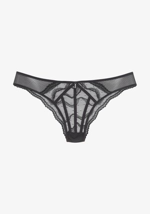 Zwarte kanten string met een doorschijnend mesh-design, ingewikkelde kanten afwerking en een decoratieve accent in het midden. Textuurpanelen overal.