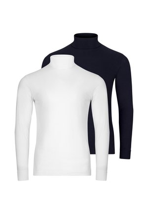 Zwei langärmelige Rollkragen-Shirts, eines vorne weiß und eines dahinter schwarz, nebeneinander auf weißem Hintergrund dargestellt.