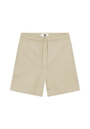 Pantaloni corti in cotone beige con vita elasticizzata, stringa e due tasche laterali; presentano una linea dritta e dettagli di cucitura minimi.