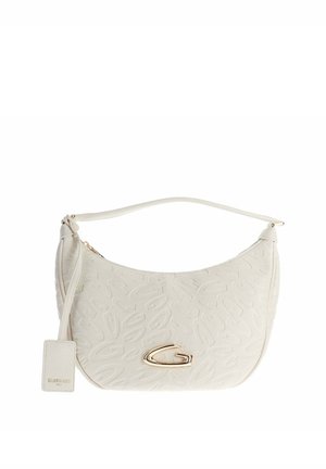 Borsa bianca testurizzata con una tracolla corta, emblema in metallo dorato a forma di "G" sul davanti e targhetta rettangolare attaccata con la scritta "GUARDIAN".