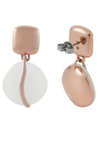 Roze gouden oorbellen met een vierkante studs, een witte onregelmatige vorm en een gladde cirkelvormige accent, bevestigd met een post sluiting.