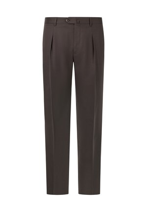 Dunkelbraune, plissierte Hosen mit geradem Bein Design. Hergestellt aus einem glatten Stoff, mit einem Knopfverschluss und seitlichen Taschen.