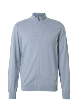 Light blue full-zip sweater with ribbed collar, cuffs, and hem, featuring a small embroidered logo on the left chest.