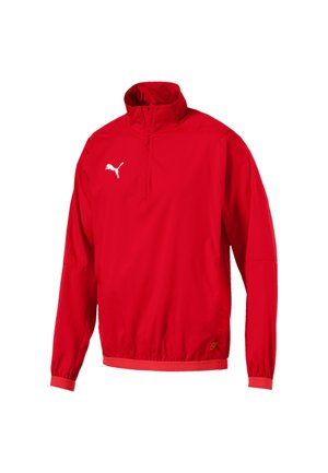 Rode windbreaker jas met een halve ritssluiting aan de kraag, elastische manchetten en zoom. Bevat een wit Puma-logo op de linkerborst. Gladde textuur.