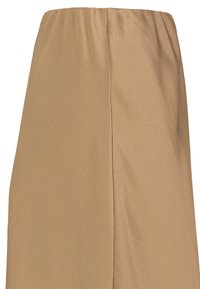 Beige Rock aus weichem, glattem Stoff. Verfügt über einen elastischen Bund und eine gerade Silhouette, mit einem dezenten Glanz und ohne auffällige Muster.