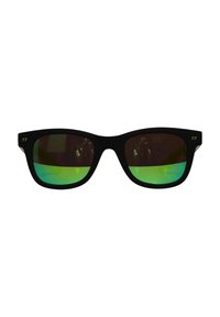 Gafas de sol negras con un acabado mate suave, que presentan lentes espejados verdes y un pequeño "77" grabado cerca de las bisagras.