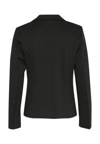 Schwarzer Blazer aus Stoff mit taillierter Passform, der einen Reverskragen, lange Ärmel und eine glatte Textur aufweist. Sichtbare Nahtdetails am Rücken.