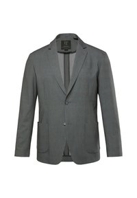 Blazer grigio a righe con revers, due bottoni e due tasche frontali. Tessuto morbido con una leggera texture.