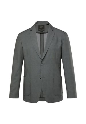 Grau gestreifter Blazer mit einer Reverskragen, zwei Knöpfen und zwei Fronttaschen. Weicher Stoff mit einer subtilen Textur.