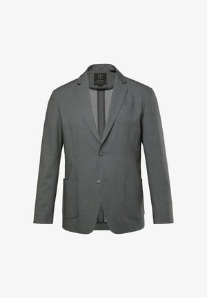 Blazer grigio a righe con revers, due bottoni e due tasche frontali. Tessuto morbido con una leggera texture.
