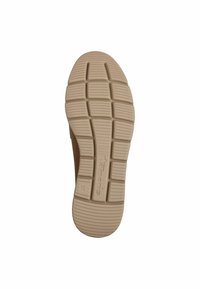 Suola di scarpa in gomma color sabbia con un motivo di grip testurizzato, caratterizzata da scanalature orizzontali e verticali. Nome del marchio "Tamaris" impresso sul tallone.