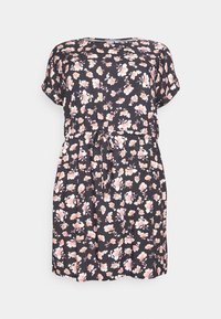 Mustakukkainen mekko, jossa on lyhyet hihat, kiristettävä vyötärö nauhalla ja mustalla taustalla pinkkejä ja valkoisia kukkia.