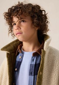 Veste en shearling confortable avec un col côtelé vert, superposée à une chemise à carreaux bleue et un tee-shirt bleu clair. Matériaux texturés et détails de boutons.