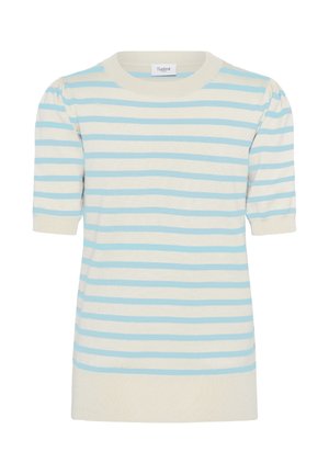 Pletený top s krémovým podkladem a světle modrými vodorovnými pruhy. Krátké rukávy s mírně nadýchaným detailem. Kulatý výstřih, volný střih.