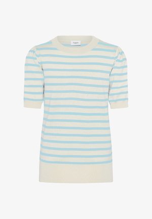Pletený top s krémovým podkladem a světle modrými vodorovnými pruhy. Krátké rukávy s mírně nadýchaným detailem. Kulatý výstřih, volný střih.