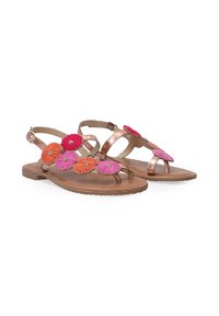 Brune sandaler med blomsterapplikationer i pink, orange og rød. Åben tå-design, tynde stropper og en flad sål med tekstureret finish.