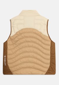 Paks beige ja pruun ilma varrukat vest, millel on tikitud laine muster, soonikuga krae ja logo vasakul allservas.