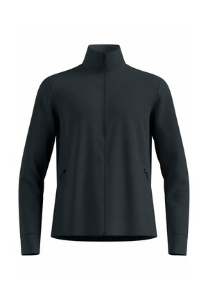 Black full-zip jacket with high collar, long sleeves, and zippered side pockets, shown front view on a white background.