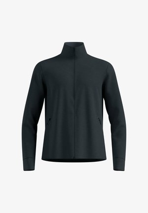 Giacca nera a zip completa con colletto alto, maniche lunghe e tasche laterali con zip, mostrata in vista frontale su uno sfondo bianco.