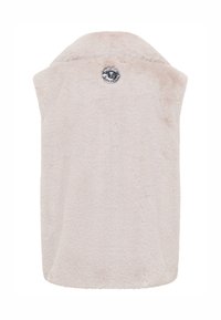 Beżowa kamizelka z futra sztucznego z wysokim kołnierzem i zapięciem na napy. Posiada miękką, teksturowaną tkaninę oraz okrągły akcent z logo z tyłu.