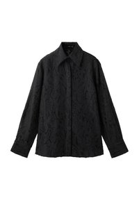 Camicia nera a maniche lunghe con un motivo floreale testurizzato, caratterizzata da un colletto a punta e un taglio dritto. Chiusura con bottoni sul fronte.