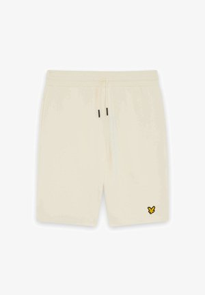 Beige Shorts mit Kordelzug, schwarzen Kordelenden und einem kleinen gelb-schwarzen Vogel-Logo am unteren linken Bein.