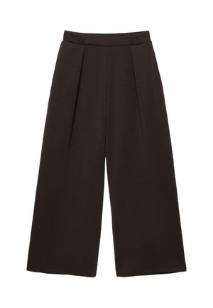 Széles szárú fekete nadrág, magas derékkal és elülső redőkkel, boka fölé érő hosszúságban, sima anyagból.