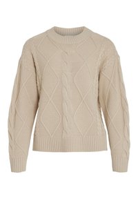 Pull en maille torsadée beige avec des textures en diamant et en côtes, col rond et manches longues. Il présente des coutures latérales détaillées et une coupe décontractée.