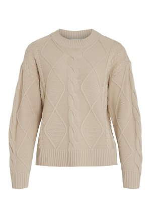 Beige Kabel-Strickpullover mit Rauten- und Rippenstrukturen, Rundhalsausschnitt und langen Ärmeln. Verfügt über detailreiche Seitennaht und einen lässigen Schnitt.