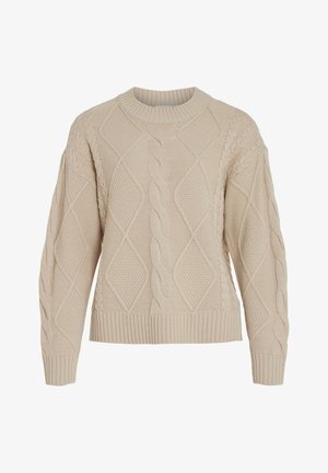 Béžový sveter s pleteným káblovým vzorom a diamantovými a rebrovými textúrami, s okrúhlym výstrihom a dlhými rukávmi. Má detailné postranné švy a voľný strih.