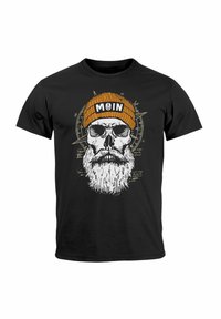 Schwarzes Baumwoll-T-Shirt mit einem weißen Totenkopf mit Bart und Sonnenbrille, der eine orangefarbene Mütze mit der Aufschrift "MOIN" trägt, ergänzt durch nautische Designelemente.