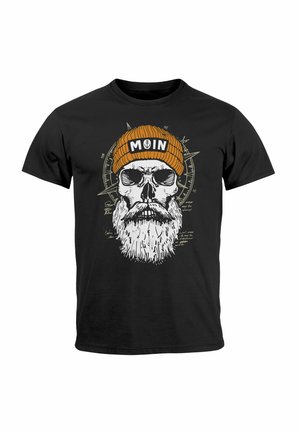 Black cotton t-shirt featuring a white skull with a beard and sunglasses, wearing an orange beanie marked "MOIN," with nautical design elements.