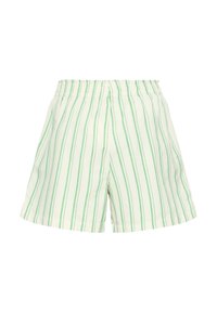 Short blanc avec des rayures verticales vertes et une taille élastique, présenté sur un fond blanc uni.