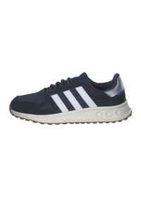 Navy blue athletic shoes with three white stripes, mesh and synthetic upper, cushioned sole, rubber outsole, and silver accent on the heel.