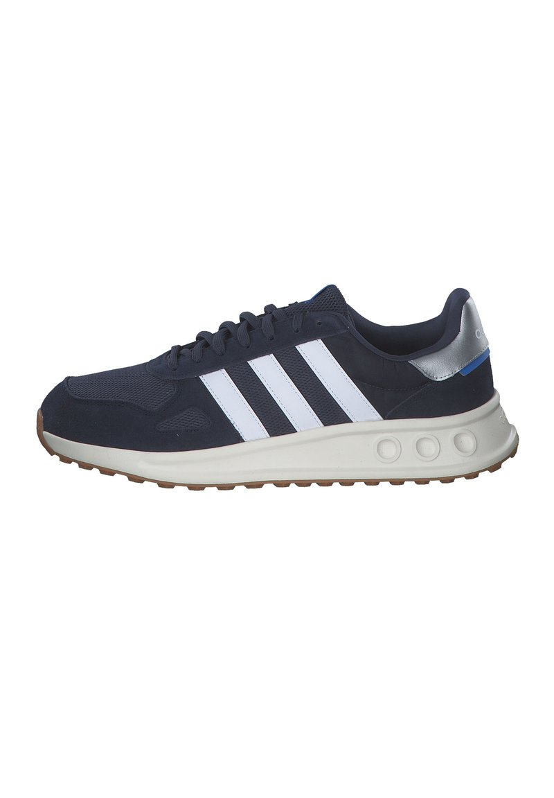 Navy blue athletic shoes with three white stripes, mesh and synthetic upper, cushioned sole, rubber outsole, and silver accent on the heel.