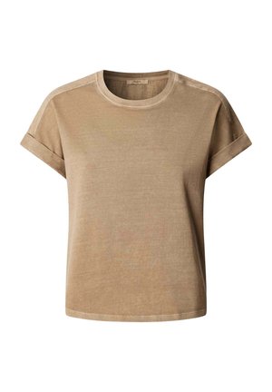 Beige katoenen T-shirt met korte mouwen, omgeslagen manchetten en een ronde hals, afgebeeld tegen een witte achtergrond.