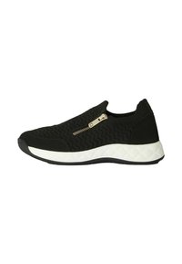 Sneaker nera slip-on con tomaia in maglia testurizzata, dettaglio della cerniera dorata e suola intermedia bianca con un motivo geometrico.