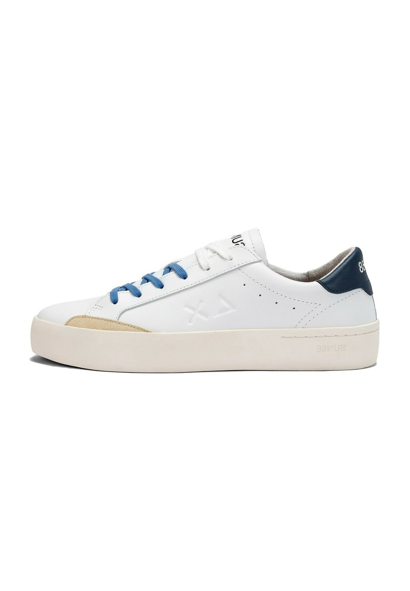 White leather sneakers with blue laces, beige suede accents, and a rounded sole. Features embossed branding and minimal perforations.