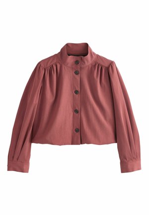 Knopfblazer in verwaschenem Rosa mit langen, gepufften Ärmeln und hohem Kragen.