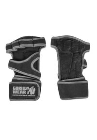 Gants de fitness noirs avec des accents gris, dotés d'un design rembourré, d'une texture en maille pour la respirabilité, et d'un patch logo au niveau du poignet.