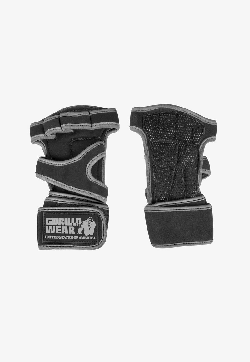 Gants de fitness noirs avec des accents gris, dotés d'un design rembourré, d'une texture en maille pour la respirabilité, et d'un patch logo au niveau du poignet.