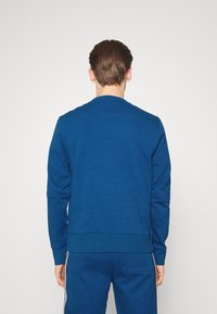 Felpa di cotone blu con maniche lunghe, scollo rotondo e orlo a costine. Il tessuto sembra liscio ed è fondamentalmente di un colore solidale.