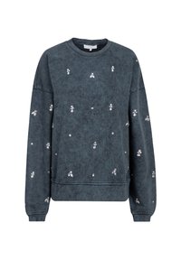 Donkergrijze sweatshirt met ronde hals, voorzien van zilveren bijenborduring verspreid over de stof. Zachte textuur, losse pasvorm en lange mouwen.