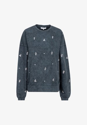 Dark gray sweatshirt with a crew neck, featuring silver bee embroidery scattered across the fabric. Soft texture, relaxed fit, and long sleeves.